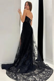 Strapless Black Lace Long Prom Dress with Train