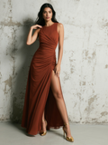 Scoop Brown Chiffon Ruched Bridesmaid Dress With Slit