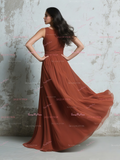 Scoop Brown Chiffon Ruched Bridesmaid Dress With Slit