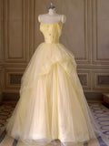 Tulle Ruffles Beading A Line Yellow Prom Dress