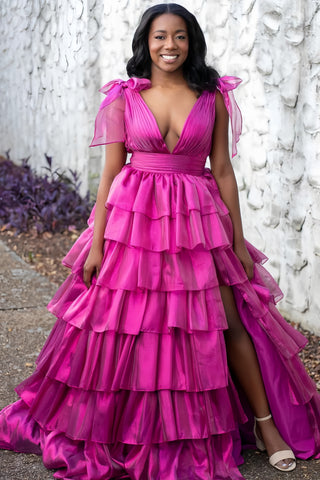 Tie Shoulder V Neck Tulle Pink Ruffles A Line Prom Dress