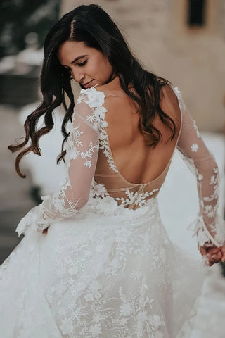 V-neck Long Sleeves Open Back Lace Wedding Dress