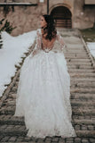 V-neck Long Sleeves Open Back Lace Wedding Dress