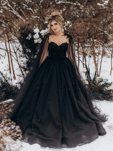 3D Flowers Tulle Ball Gown Black Gothic Wedding Dress
