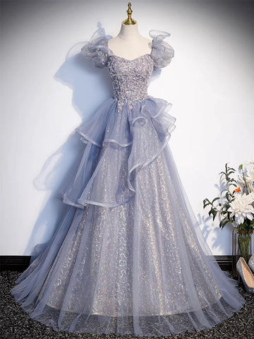 Elegant Glitter Tulle Ruffles Beading Prom Dress