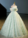 Mint Green Floral Tulle Ball Gown Prom Dress