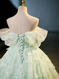 Mint Green Floral Tulle Ball Gown Prom Dress