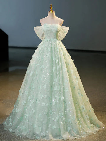 Mint Green Floral Tulle Ball Gown Prom Dress