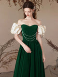 Short Sleeve Velvet Green A-Line Sweetheart Prom Dress