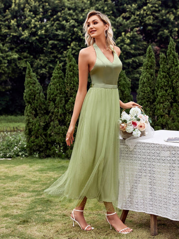 Tulle Sequin Backless Halter Green Prom Dress Tulle Sequin Backless Halter Green Prom Dress