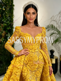 Yellow V Neck Mermaid Trumpet Rose Beaded Detachable Train Prom Dress