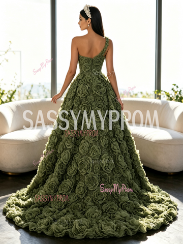 Rose Sequin One Shoulder Olive Green A Line Detachable Train Slit Prom Dress