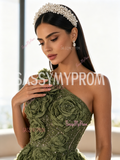 Rose Sequin One Shoulder Olive Green A Line Detachable Train Slit Prom Dress