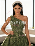 Rose Sequin One Shoulder Olive Green A Line Detachable Train Slit Prom Dress