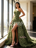 Rose Sequin One Shoulder Olive Green A Line Detachable Train Slit Prom Dress
