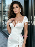 Sweetheart Sheath Column Satin Cap Sleeve Wedding Dress