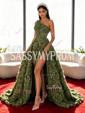Rose Sequin One Shoulder Olive Green A Line Detachable Train Slit Prom Dress
