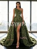 Rose Sequin One Shoulder Olive Green A Line Detachable Train Slit Prom Dress