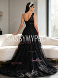 Black Lace Beading Rose Flower One Shoulder Prom Dress With Slit