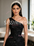 Black Lace Beading Rose Flower One Shoulder Prom Dress With Slit