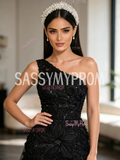Black Lace Beading Rose Flower One Shoulder Prom Dress With Slit