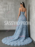 Rose Sequin Strapless Blue Tulle A Line Prom Dress Slit