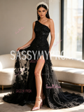 Black Lace Beading Rose Flower One Shoulder Prom Dress With Slit
