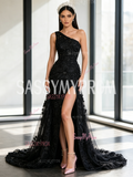 Black Lace Beading Rose Flower One Shoulder Prom Dress With Slit