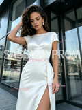 Sheath Column Satin Short Sleeve Scoop Wedding Dress With Slit
