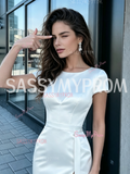Sheath Column Satin Short Sleeve Scoop Wedding Dress With Slit