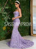 Floral Rose Trumpet Mermaid Lavender Sweetheart Tulle Prom Dress