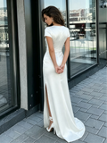 Sheath Column Satin Short Sleeve Scoop Wedding Dress With Slit