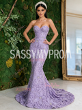 Floral Rose Trumpet Mermaid Lavender Sweetheart Tulle Prom Dress
