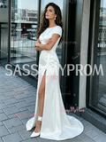 Sheath Column Satin Short Sleeve Scoop Wedding Dress With Slit