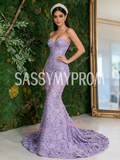 Floral Rose Trumpet Mermaid Lavender Sweetheart Tulle Prom Dress