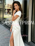 Sheath Column Satin Short Sleeve Scoop Wedding Dress With Slit