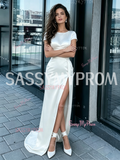 Sheath Column Satin Short Sleeve Scoop Wedding Dress With Slit