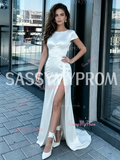 Sheath Column Satin Short Sleeve Scoop Wedding Dress With Slit