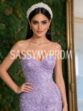 Floral Rose Trumpet Mermaid Lavender Sweetheart Tulle Prom Dress