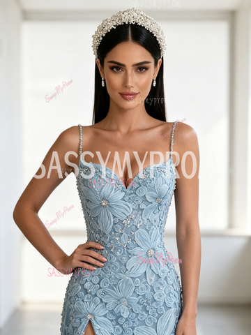 Spaghetti Strap Light Blue Tulle Sheath Column Rose Beaded Prom Dress