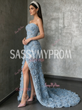 Rose Sequin Strapless Blue Tulle A Line Prom Dress Slit