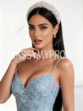 Spaghetti Strap Light Blue Tulle Sheath Column Rose Beaded Prom Dress