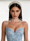 Spaghetti Strap Light Blue Tulle Sheath Column Rose Beaded Prom Dress