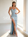 Spaghetti Strap Light Blue Tulle Sheath Column Rose Beaded Prom Dress