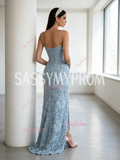 Spaghetti Strap Light Blue Tulle Sheath Column Rose Beaded Prom Dress