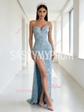 Spaghetti Strap Light Blue Tulle Sheath Column Rose Beaded Prom Dress
