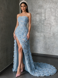 Rose Sequin Strapless Blue Tulle A Line Prom Dress Slit