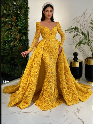 Yellow V Neck Mermaid Trumpet Rose Beaded Detachable Train Prom Dress