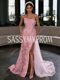 Strapless Rose Beading Sheath Column One Shoulder Pink Prom Dress With Slit