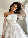 Asymmetrical Long Sleeve Tulle A Line White Wedding Dress With Slit